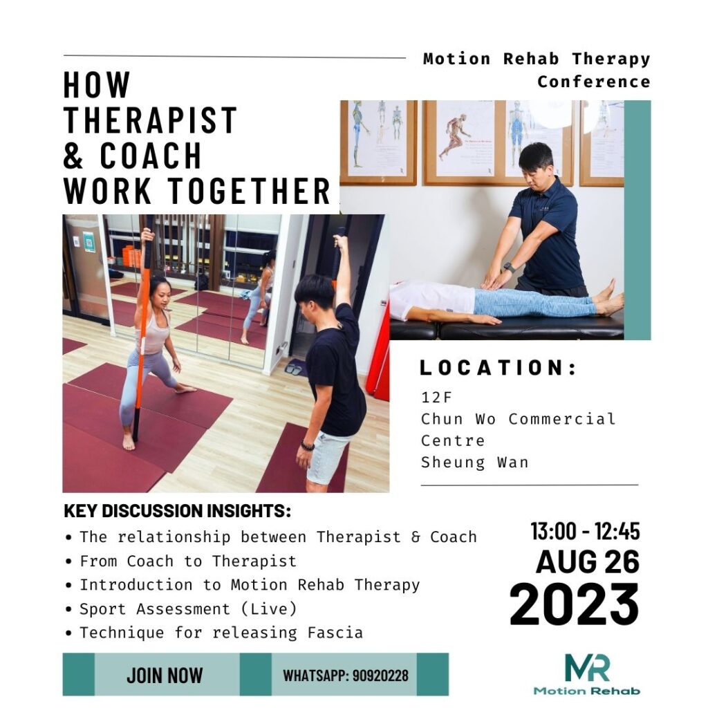 The relationship between Therapist & Coach From Coach to Therapist Introduction to Motion Rehab Therapy Sport Assessment (Live) Technique for releasing Fascia